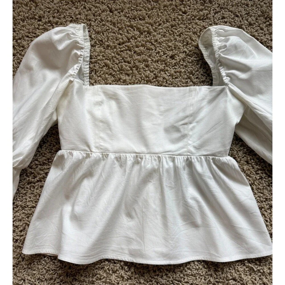 Reformation Organic Cotton Puff Sleeve Peasant Top Smocked Back Ivory Size 2